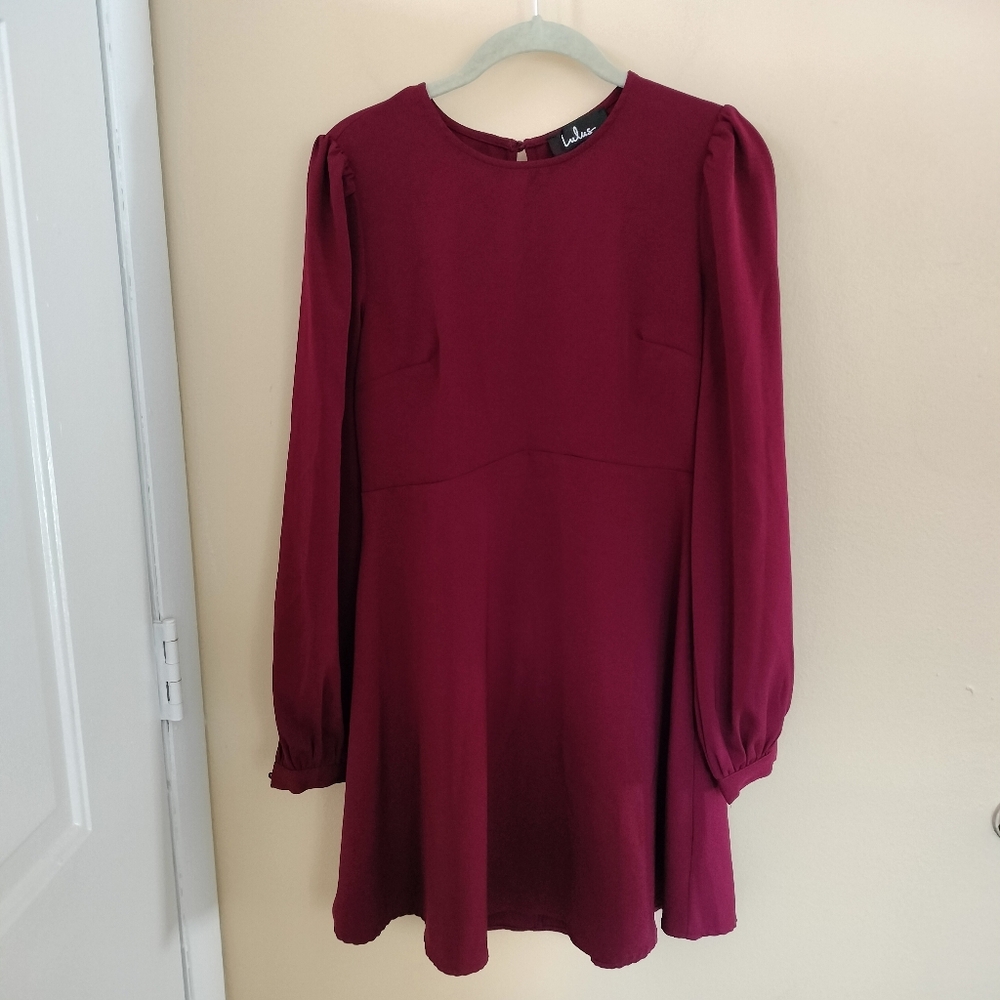 Lulus Follow Me Burgundy Long Sleeve Dress Fit Flare S Party Wedding Guest